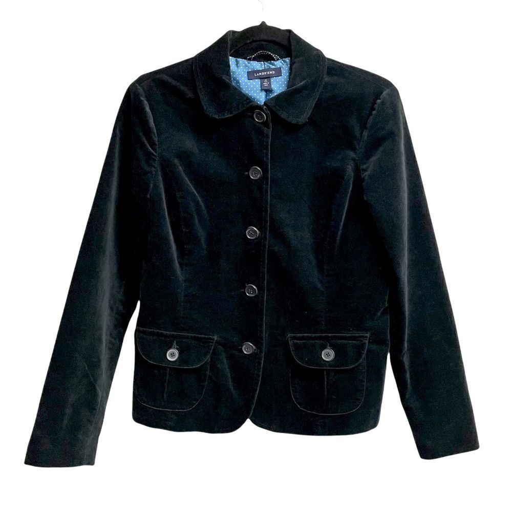 Lands End Navy Blue Velvet Button Front Blazer XS